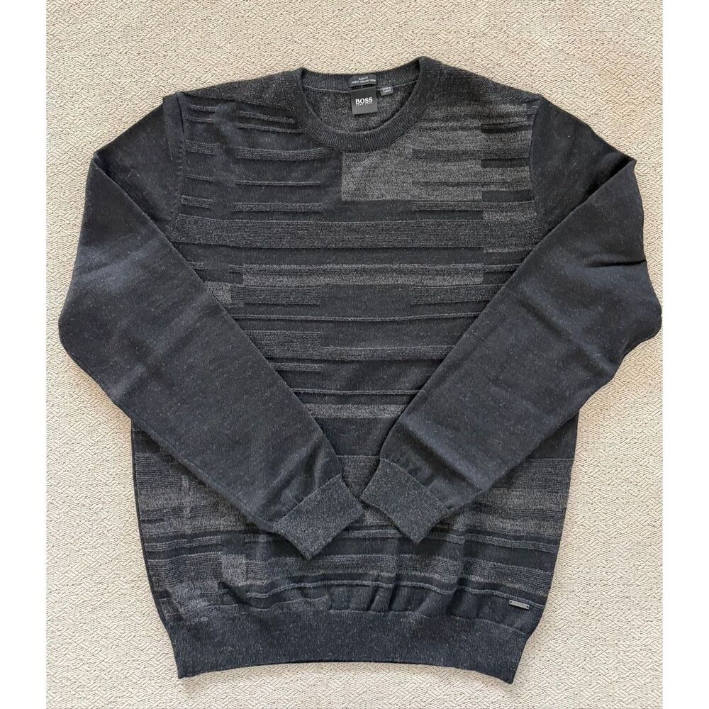 Hugo Boss Slim Fit Sweater XL Charcoal Grey Italian Yarn Textured Crewneck